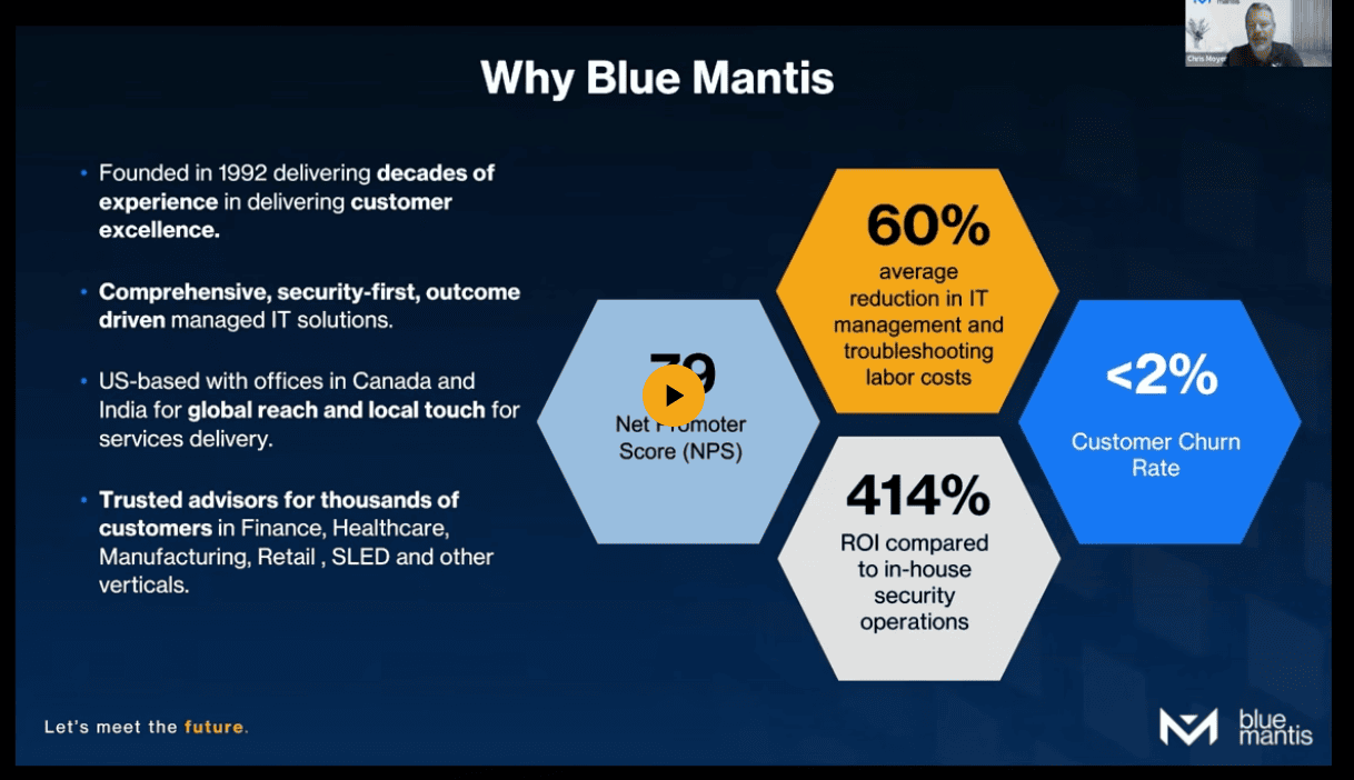 Why Blue Mantis: outcome statistics shown as hexagon tiles