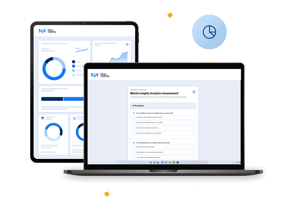 Analytics assessment dashboard shown on a laptop